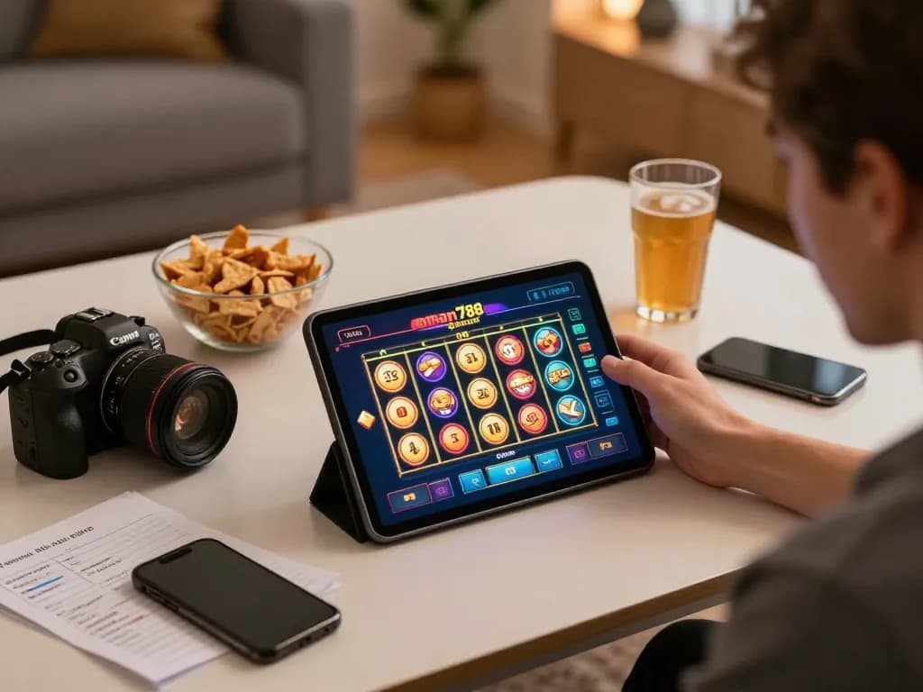 Pemain berinteraksi dengan permainan slot gacor aman788 di tablet selama sesi permainan online yang mendebarkan