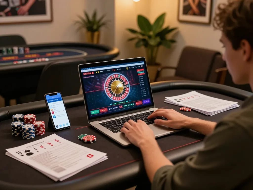 Engaging in online gambling on the UGDEWA app with modern gaming setup and strategy notes.