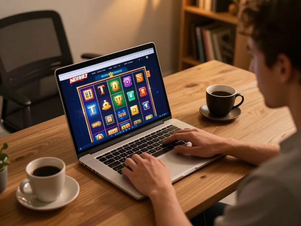 Player engaging with vibrant slot games on the NET88 platform, showcasing online gaming excitement.
