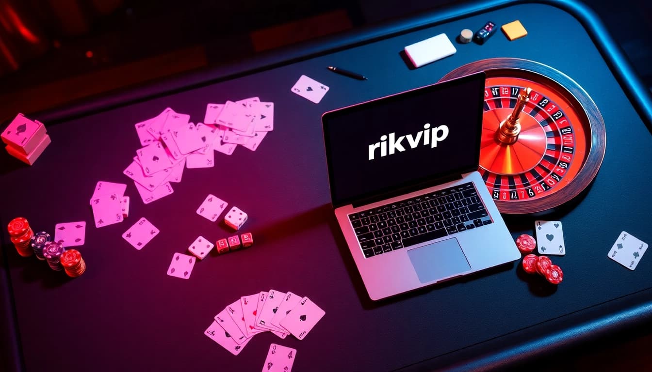 Experience the excitement of rikvip with immersive casino visuals showcasing cards, chips, and roulette.