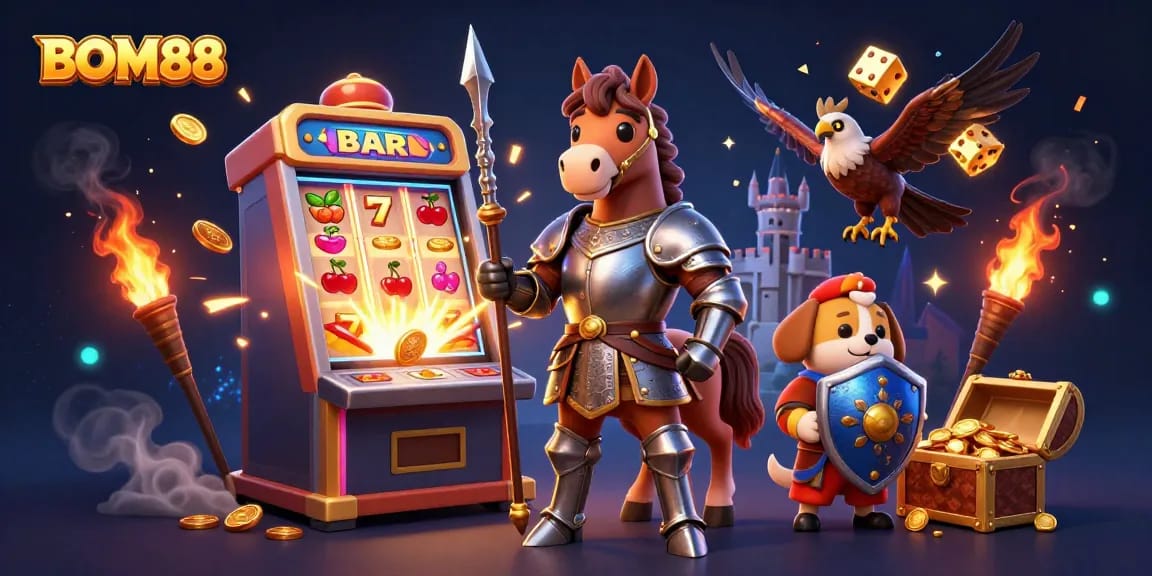 Experience BOM88's thrill with an exhilarating casino-themed 3D illustration featuring knights and games.