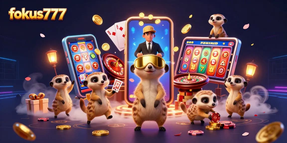 Experience the vibrant energy of fokus777 with cheerful meerkats managing a lively casino scene.