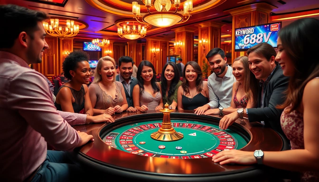 Experience thrilling gameplay at 688v casino with diverse players around a roulette table.