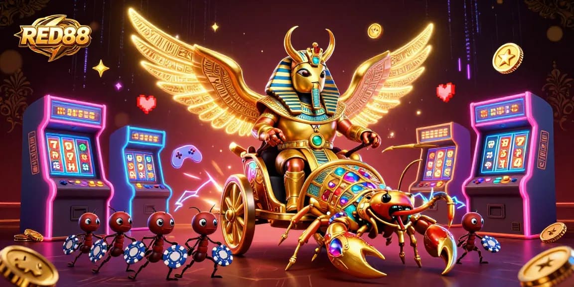 Spin for prizes at RED88 with vibrant 3D casino action featuring scarabs and scorpions.