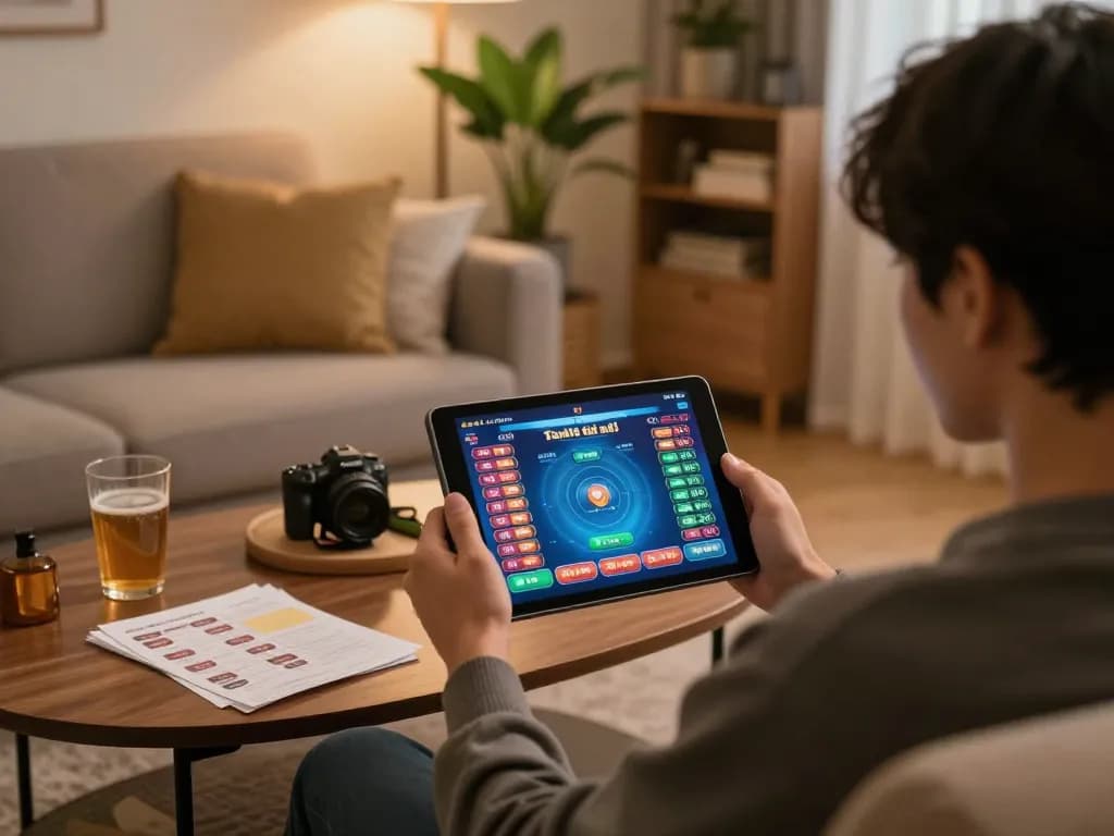 Engaging in tài xỉu online gaming with a tablet in a cozy home environment.