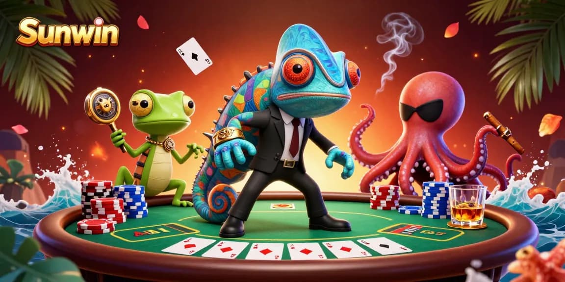 Play poker with Sunwin's secret agent chameleon and gadget-savvy gecko in a vibrant casino scene.