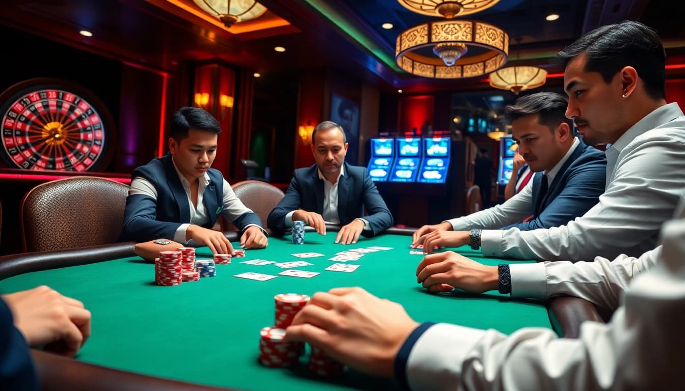 Cemeku poker players strategizing around a luxurious poker table in a vibrant casino atmosphere.
