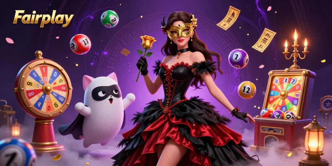 Engage in Fairplay with vibrant lottery elements and 3D characters amidst a dynamic casino scene.