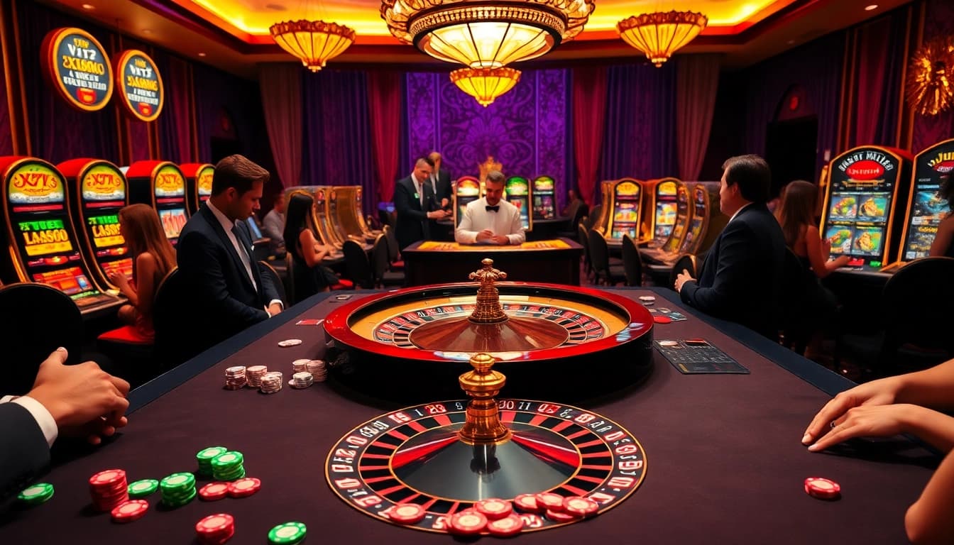 Exciting players engaging in a game at the XX88 casino, highlighted by colorful chips and a spinning roulette.