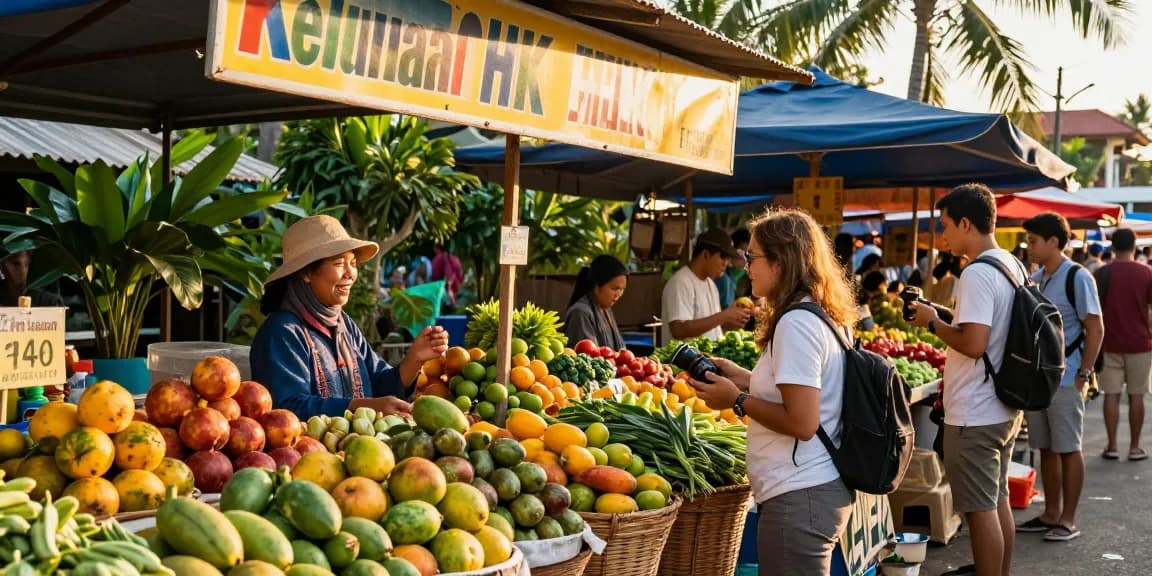 Pejalan kaki melihat hasil keluaran HK di pasar tropis yang ramai.