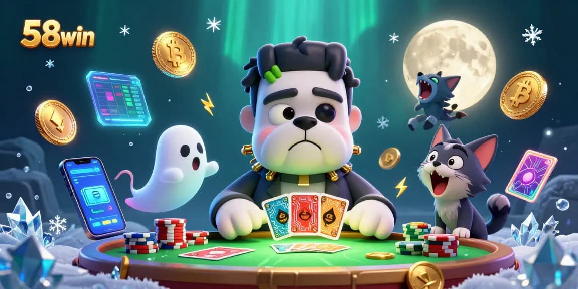 Engage with 58win in a vibrant casino scene featuring a cartoon bulldog dealer, crypto elements, and playful characters.