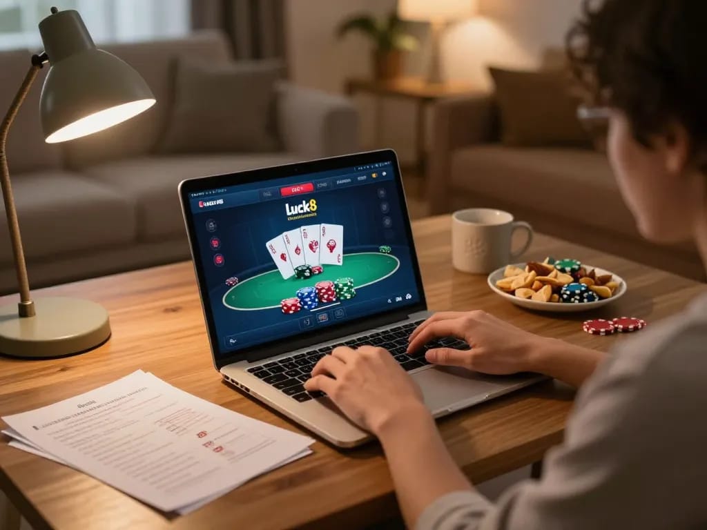 Engaging in responsible gaming on Luck8 platform at home during poker gameplay.