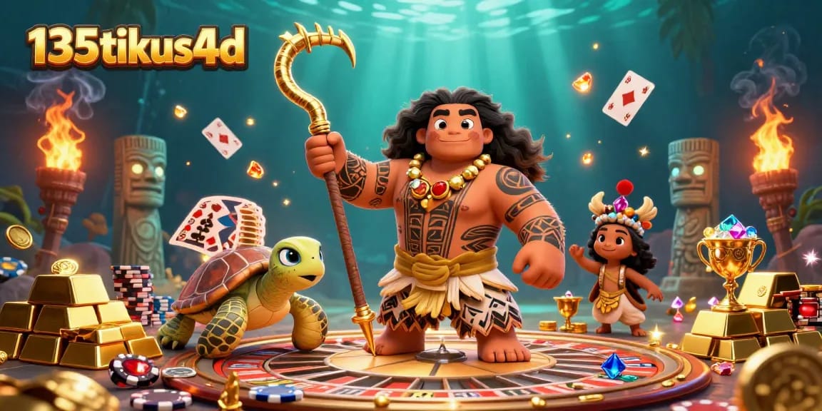 Experience the excitement of 135tikus4d with a lively 3D casino scene featuring vibrant characters and dynamic gambling elements.