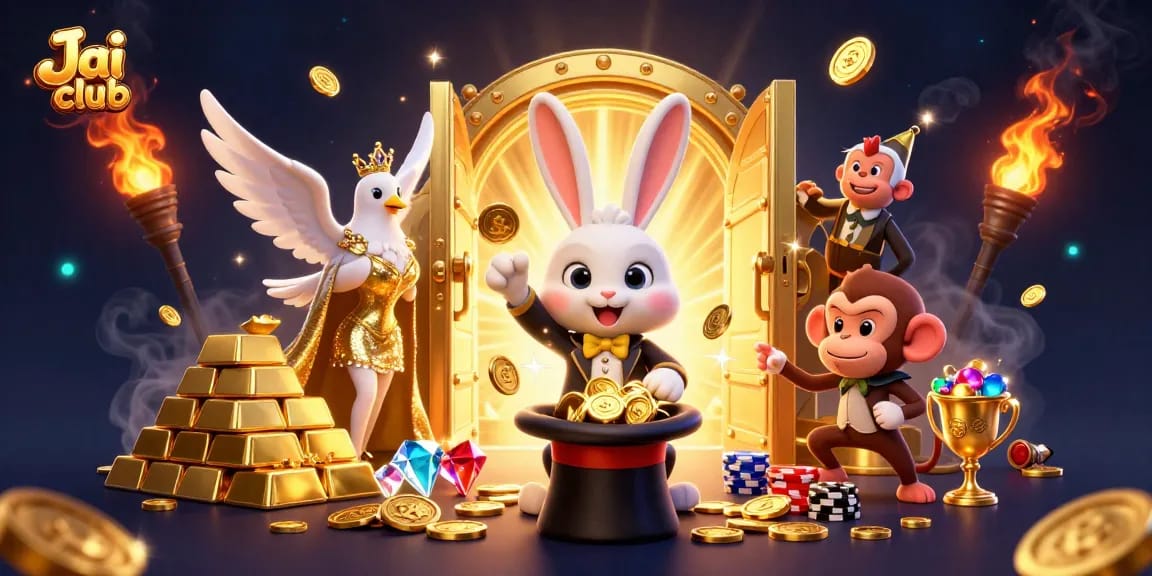 Experience the excitement of Jai club as characters celebrate with golden coins and treasures around them.
