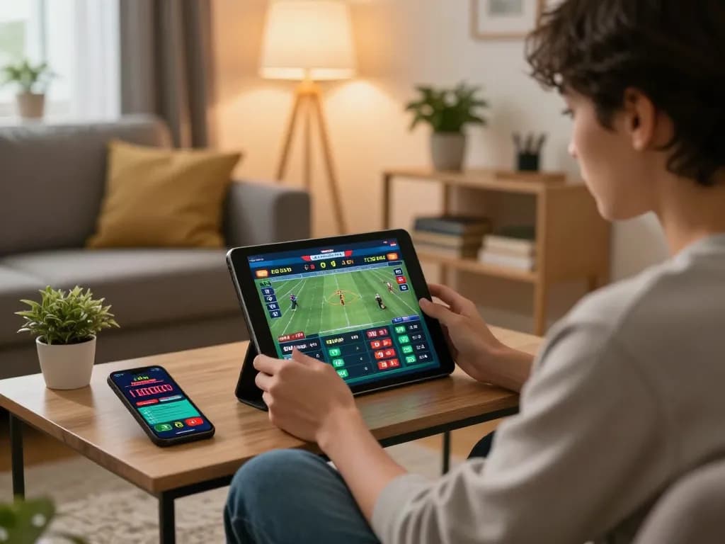 Engaging in sports betting online with BCX88 on a tablet, showcasing a lively home atmosphere.