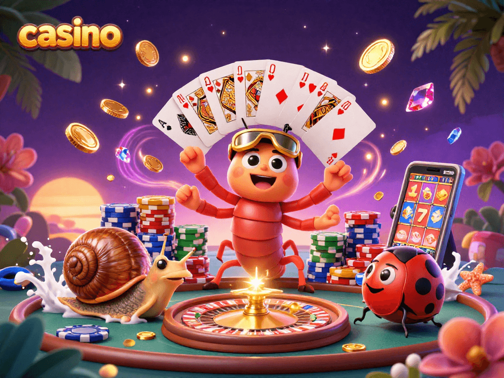 Engaging casino scene with a cartoon millipede dealer and a high-roller snail managing chips amidst vibrant game elements.