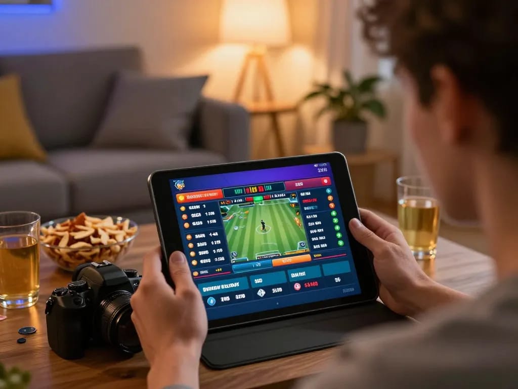 Engaging sports betting scene with digitalgamesprices displayed on tablet for strategic gameplay.