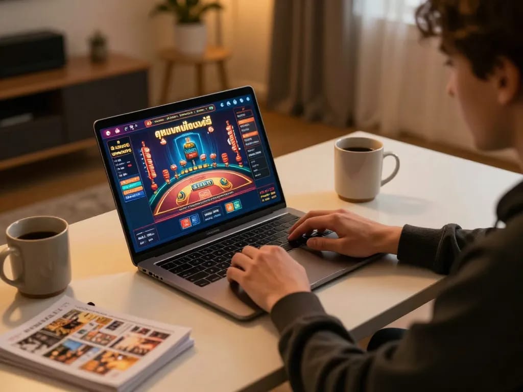 Engaging home setup for online ดูหนังออนไลน์ฟรี gaming, featuring casino interface and cozy atmosphere.