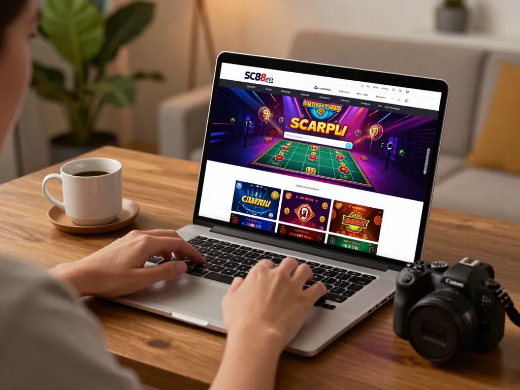 Engaged player using SC88 com online casino platform on sleek laptop at home, showcasing vibrant game graphics.
