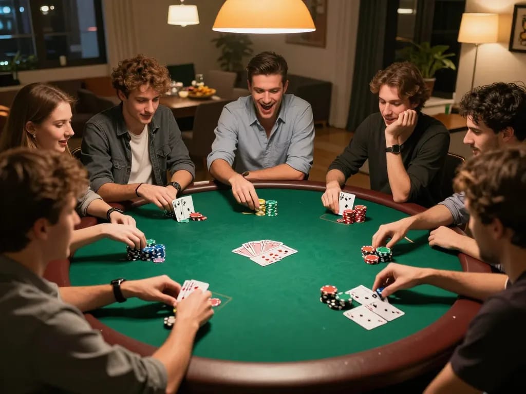 g28 poker night atmosphere with friends celebrating a winning hand around a green felt table.