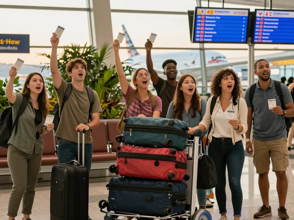 Group preparing for a flight at the airport, showcasing the excitement of traveling on the 789P Dreamliner.