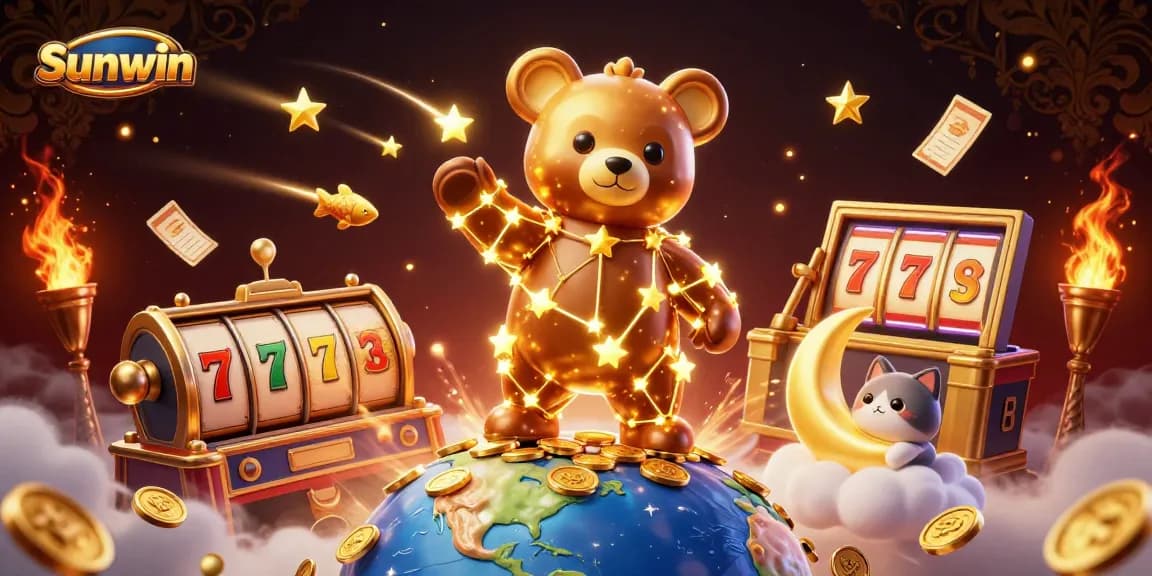 Sunwin's dynamic illustration shows a dazzling casino theme with a star bear and slot games.