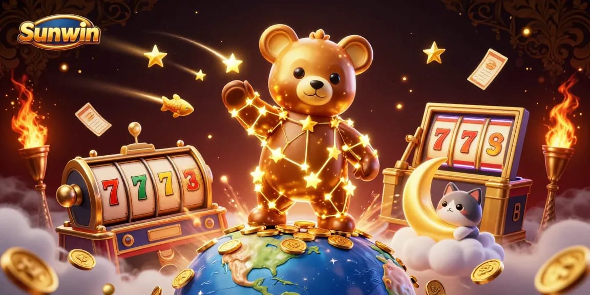 Sunwin's dynamic illustration shows a dazzling casino theme with a star bear and slot games.