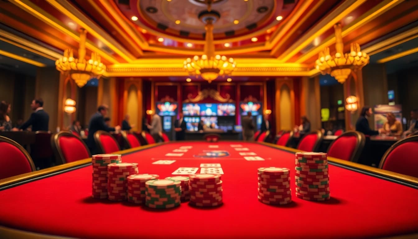 Engaging casino game scene featuring a vibrant poker table with players and colorful chips.