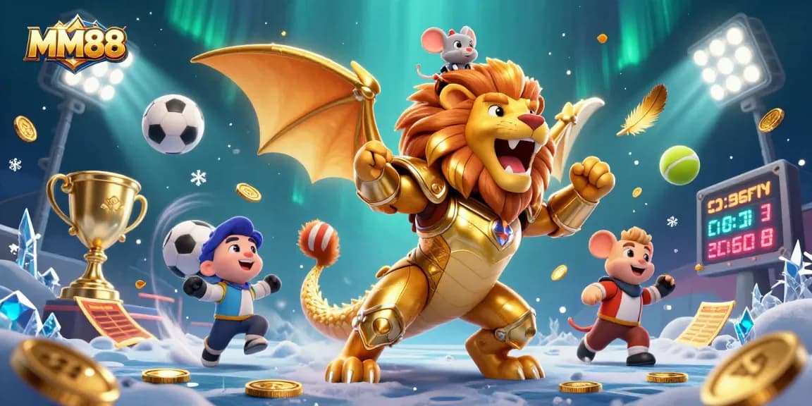 Engage in thrilling bets with MM88 as the golden armored chimera roars, surrounded by dynamic sports elements.