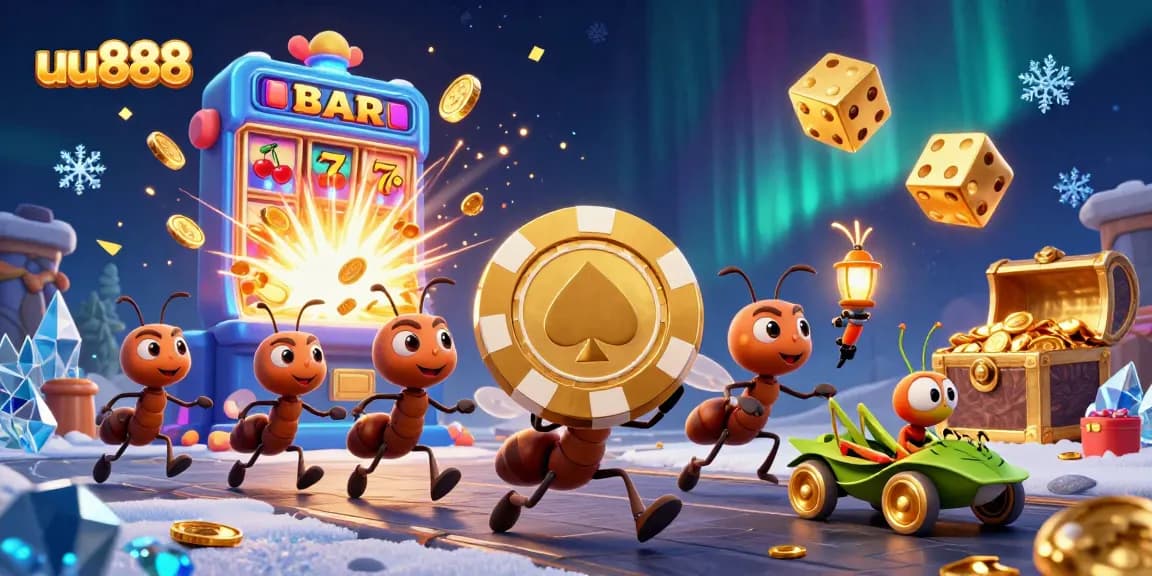 Join the excitement at uu888 with a thrilling heist of giant golden poker chips amidst a vibrant casino.