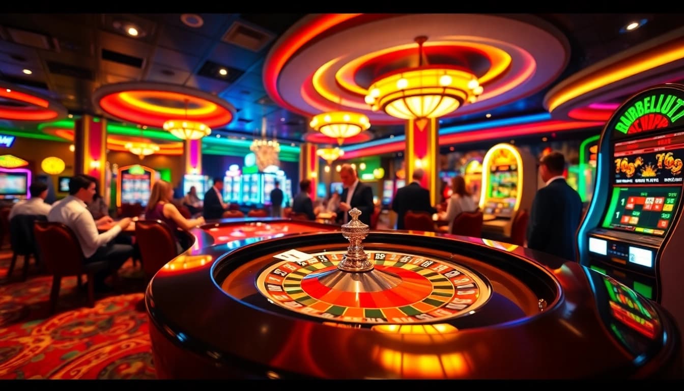 Engage in online gambling Malaysia with an exciting casino atmosphere featuring players at a roulette table.
