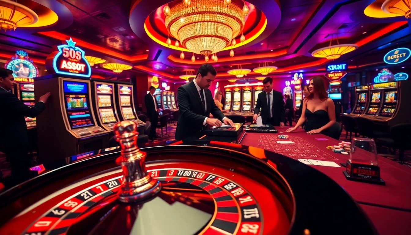 Experience thrilling gaming action at https://8kbest.net/ with a luxurious casino scene featuring roulette and poker tables.
