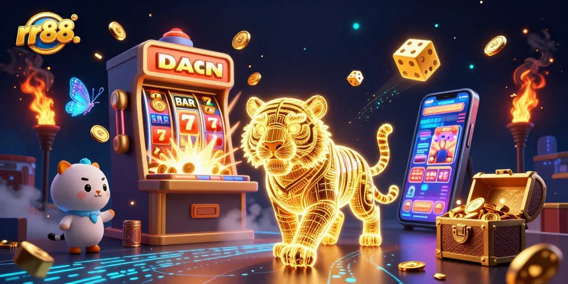 Play and win at rr88. with vibrant casino elements and a golden tiger in a digital landscape.