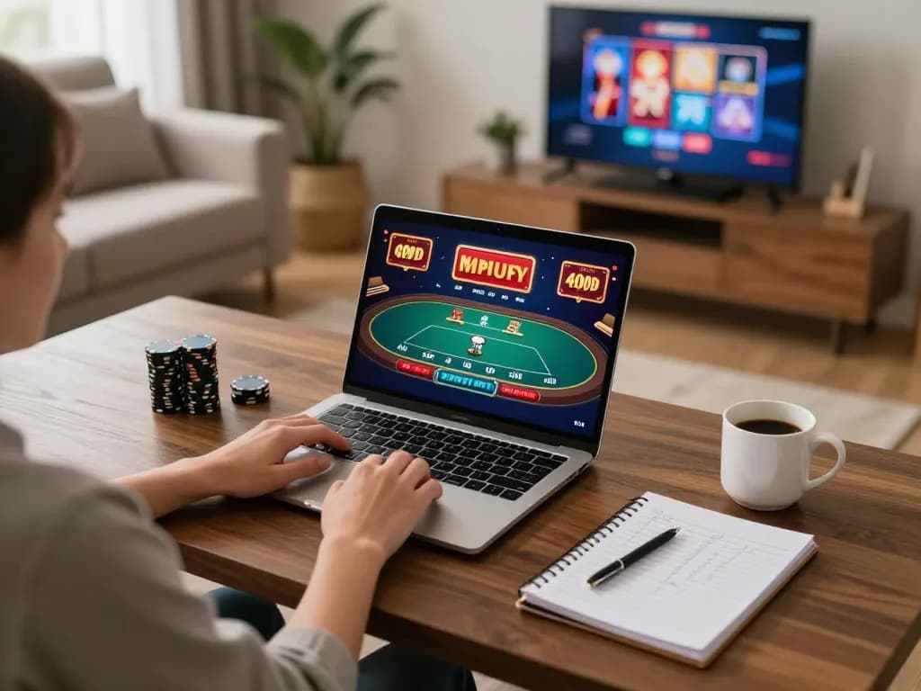 Player enjoying online games at 789club, focused on poker with strategy notes nearby