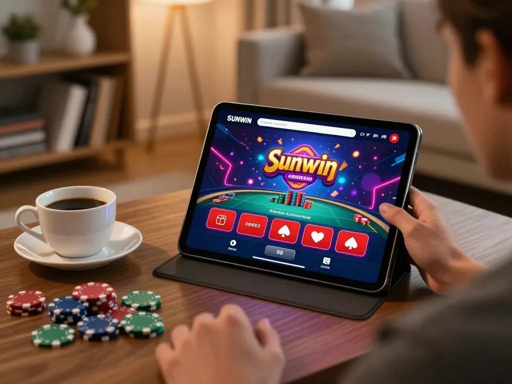 Engaging online casino gaming experience with Sunwin app interface on tablet in cozy home setup.