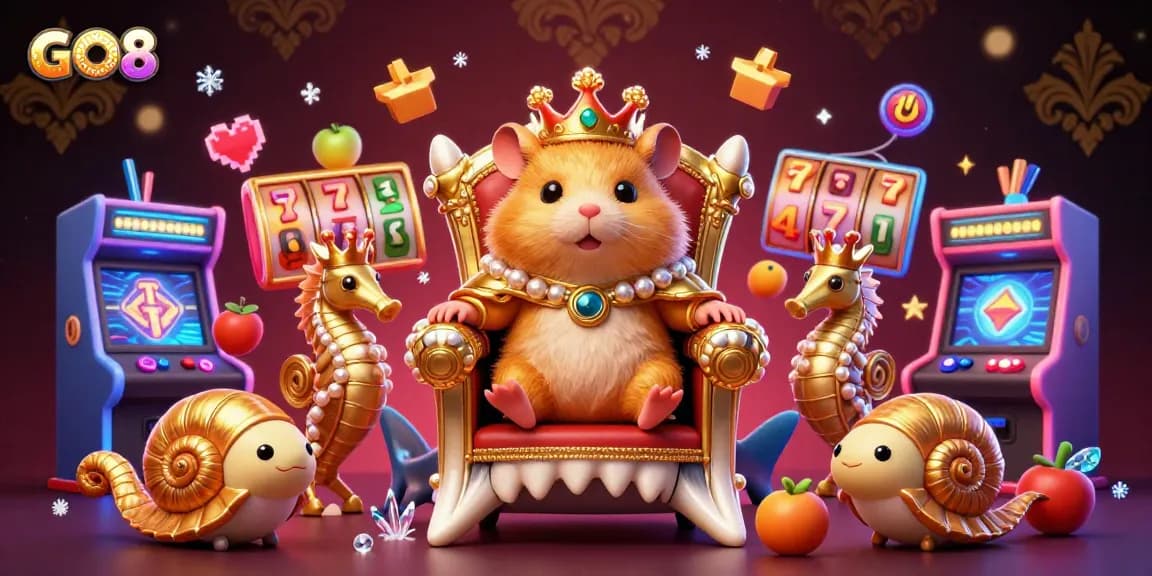 GO8's dynamic golden hamster king scene with vibrant casino elements and slot machines.