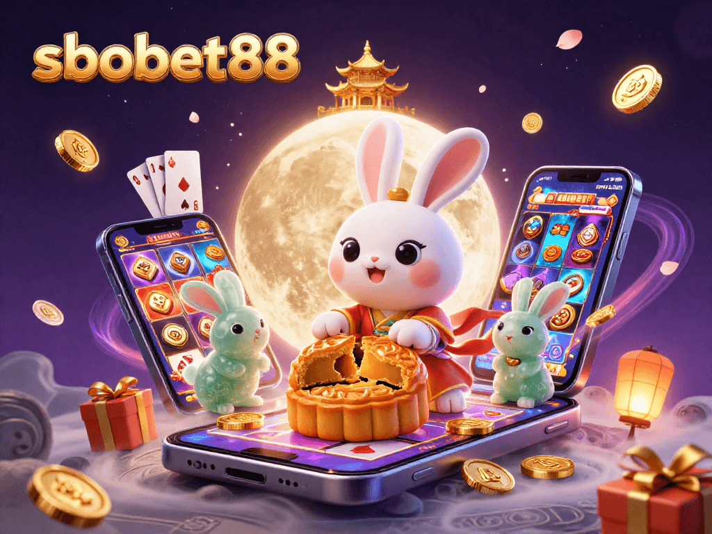 SBOBET88 promotes thrilling sports betting with a vibrant lunar rabbit scene featuring poker chips and a jade companion.