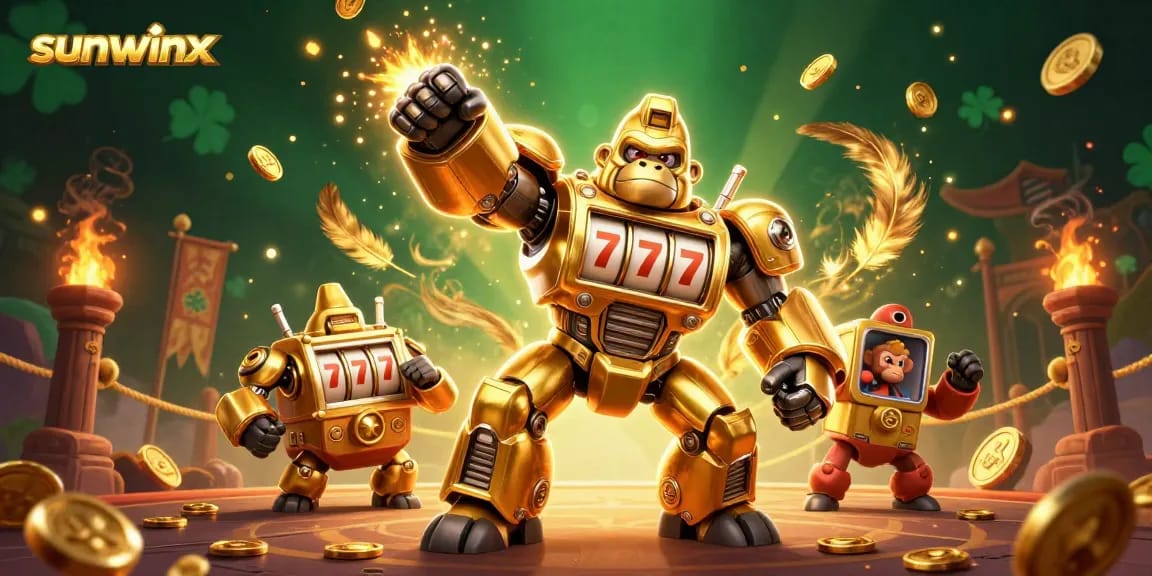 Experience exciting wins at sunwinx with a golden gorilla mech and slot machines in action.