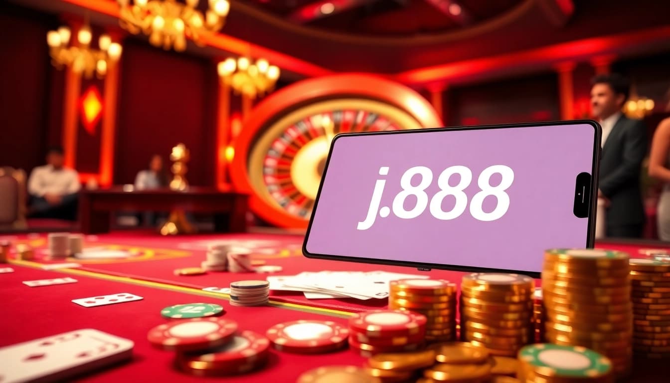 Engage in thrilling j88 casino action with vibrant chips, cards, and roulette in a luxurious setting.