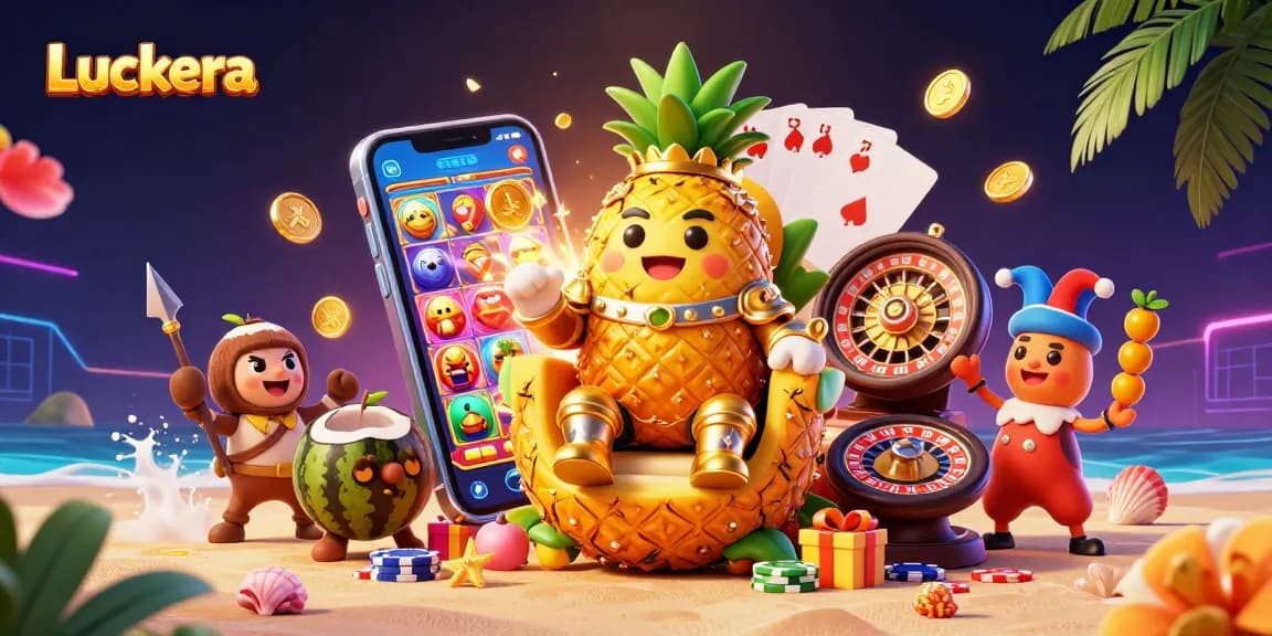 Luckera features vibrant 3D characters in a beach casino scene, with dynamic elements for engaging gameplay.