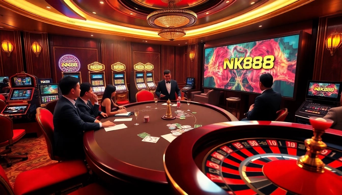 Players enjoy exciting games at NK88's luxurious online casino, showcasing thrilling gambling action.