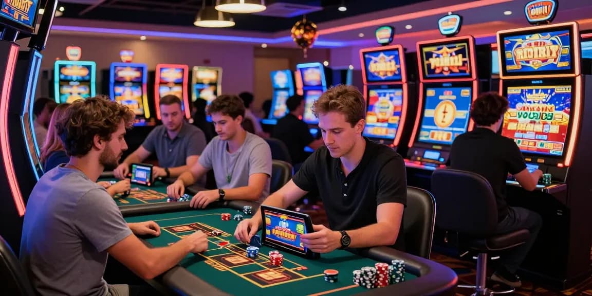 Exciting scene at a credit card casino from https://dea.org.uk with diverse players, vibrant gaming atmosphere, and bright slot machines.