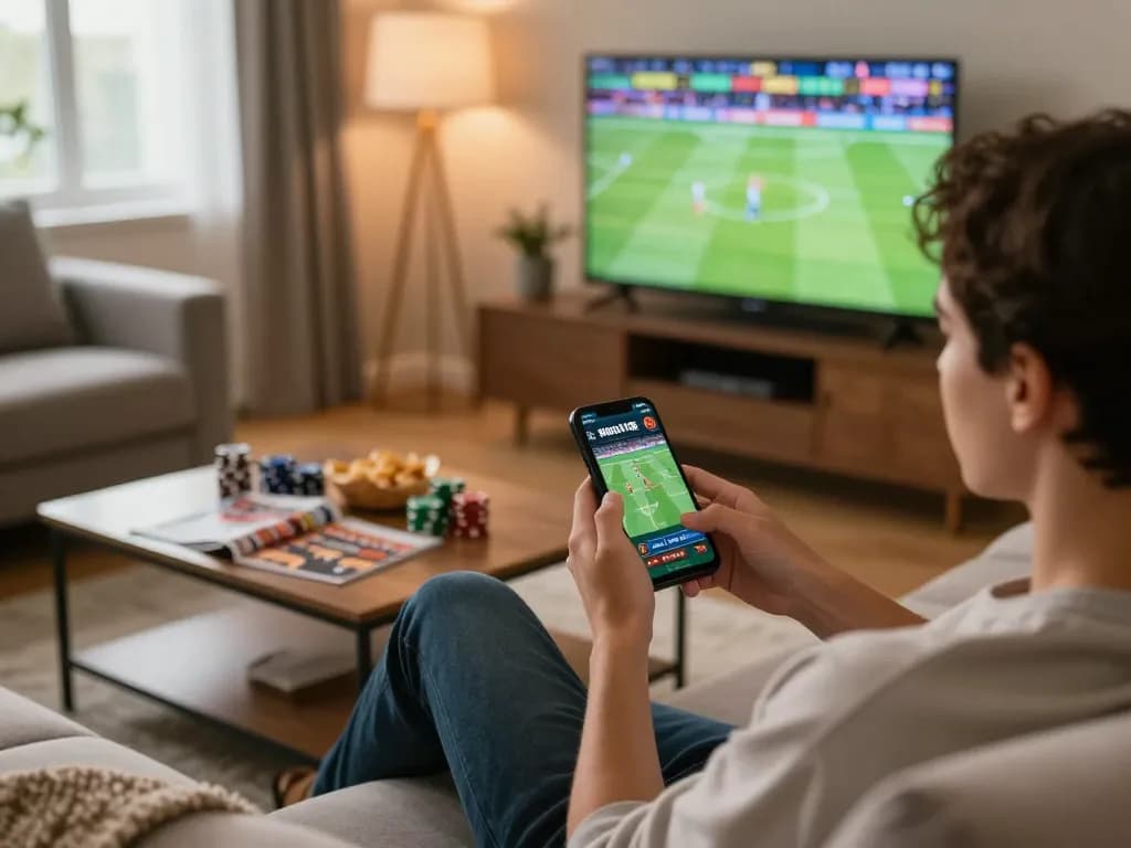Placing bets on sports events through https://f168.osaka/ with a smartphone in a cozy living room setting.