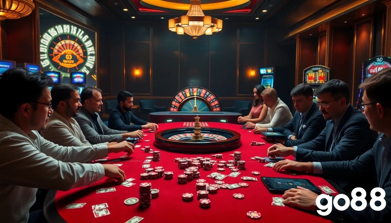 Go88 gaming experience with players at a luxurious casino table and roulette wheel.