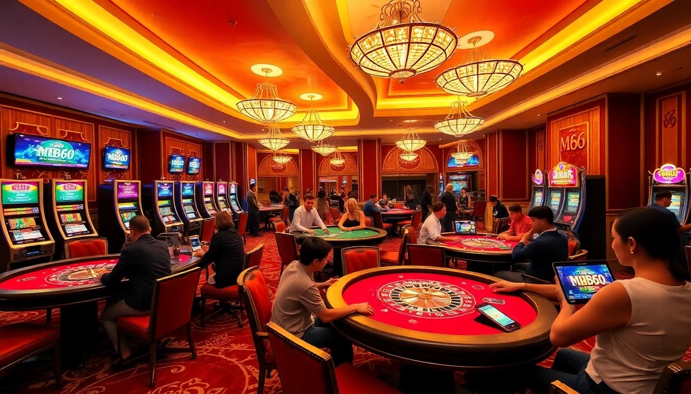 Experience the thrill of gambling at MB66 with vibrant casino tables and excited players.