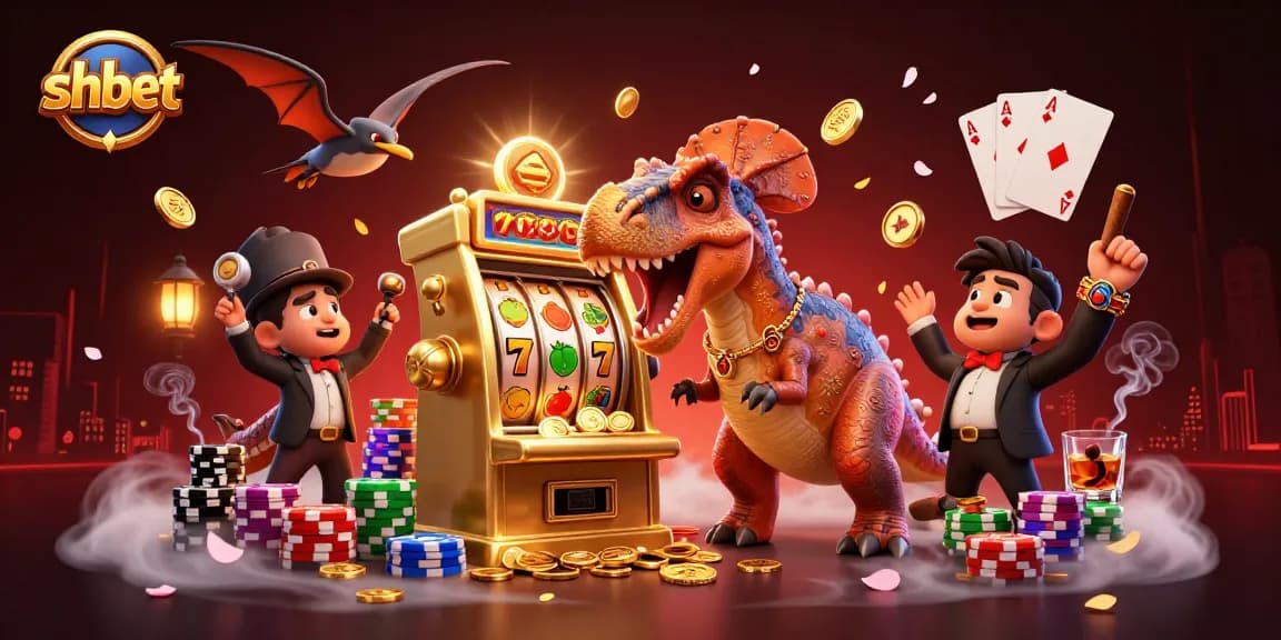 Experience the thrill of winning at shbet with cartoon dinosaurs celebrating jackpot slots.