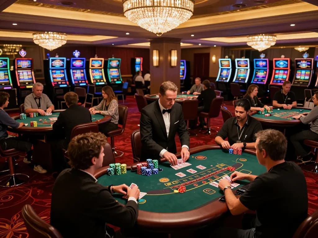 Players engaging at rikvip blackjack tables in a luxurious casino setting, showcasing vibrant gameplay.