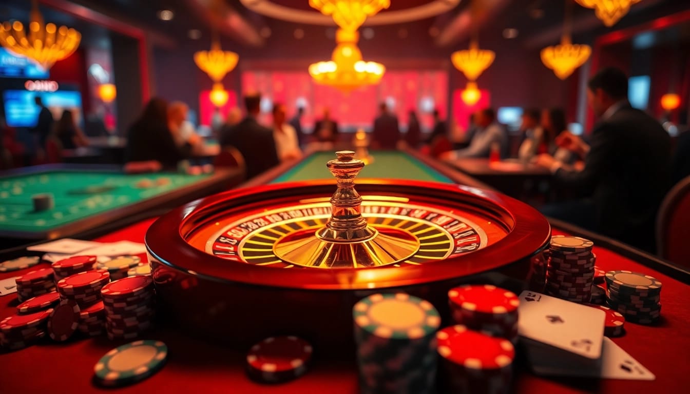 Akun Depo 5k menampilkan suasana kasino dengan roulette cemerlang dan chip poker berwarna-warni.