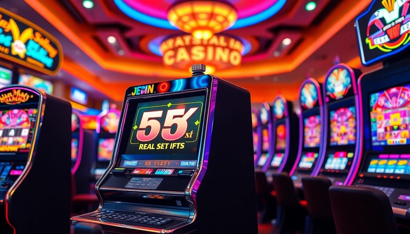 Mainkan slot 5k di mesin kasino yang bersinar dengan suasana meriah.