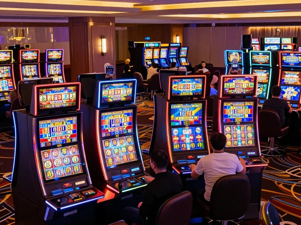 Players enjoying thrilling slot games at Nk88 casino with vibrant neon lights and modern machines